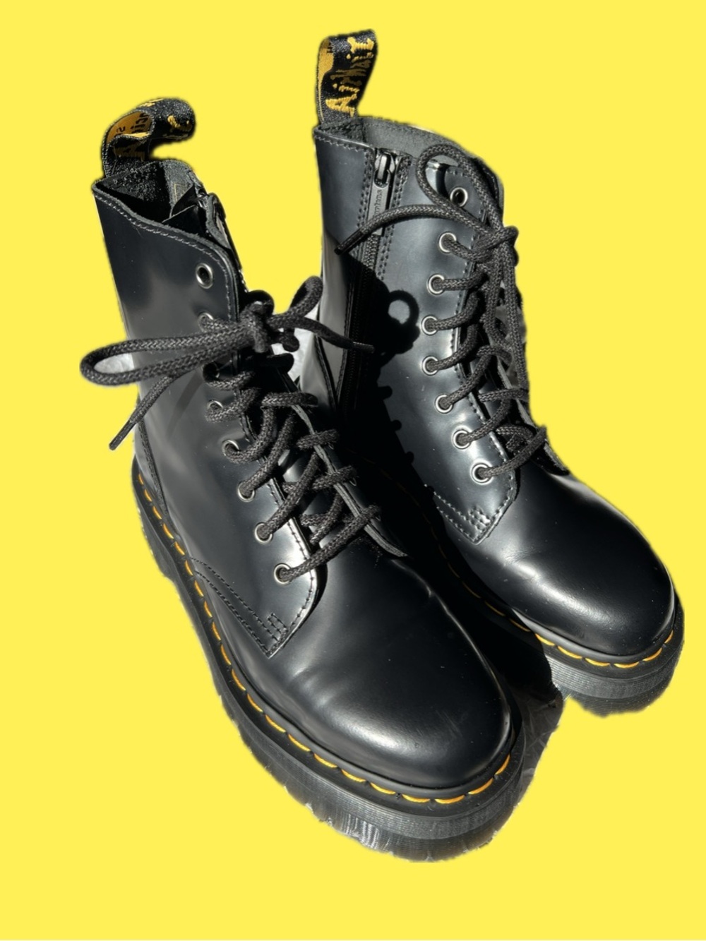 Black Platform Lace-Up Women's Boots with Yellow Stitching